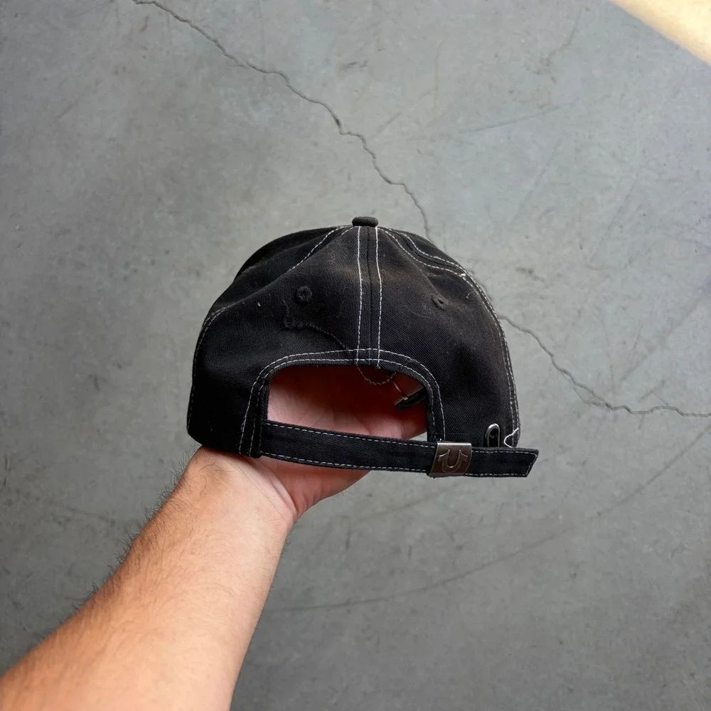 True Religion Black Buddha Logo Baseball Cap Contrast Stitch Strapback Hat